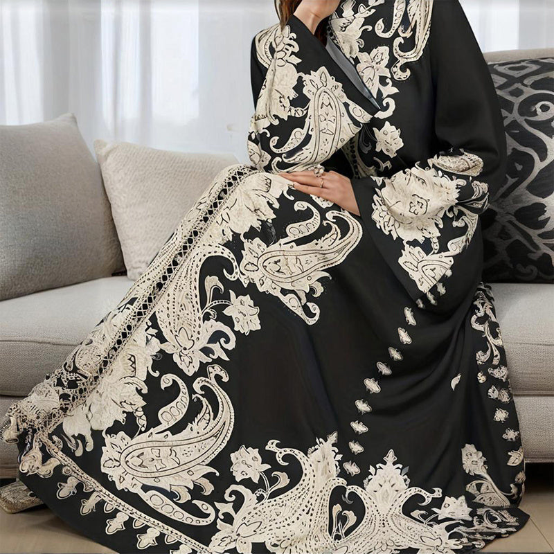 Robe Caftan Chic à Broderies Orientales - Écru & Marron
