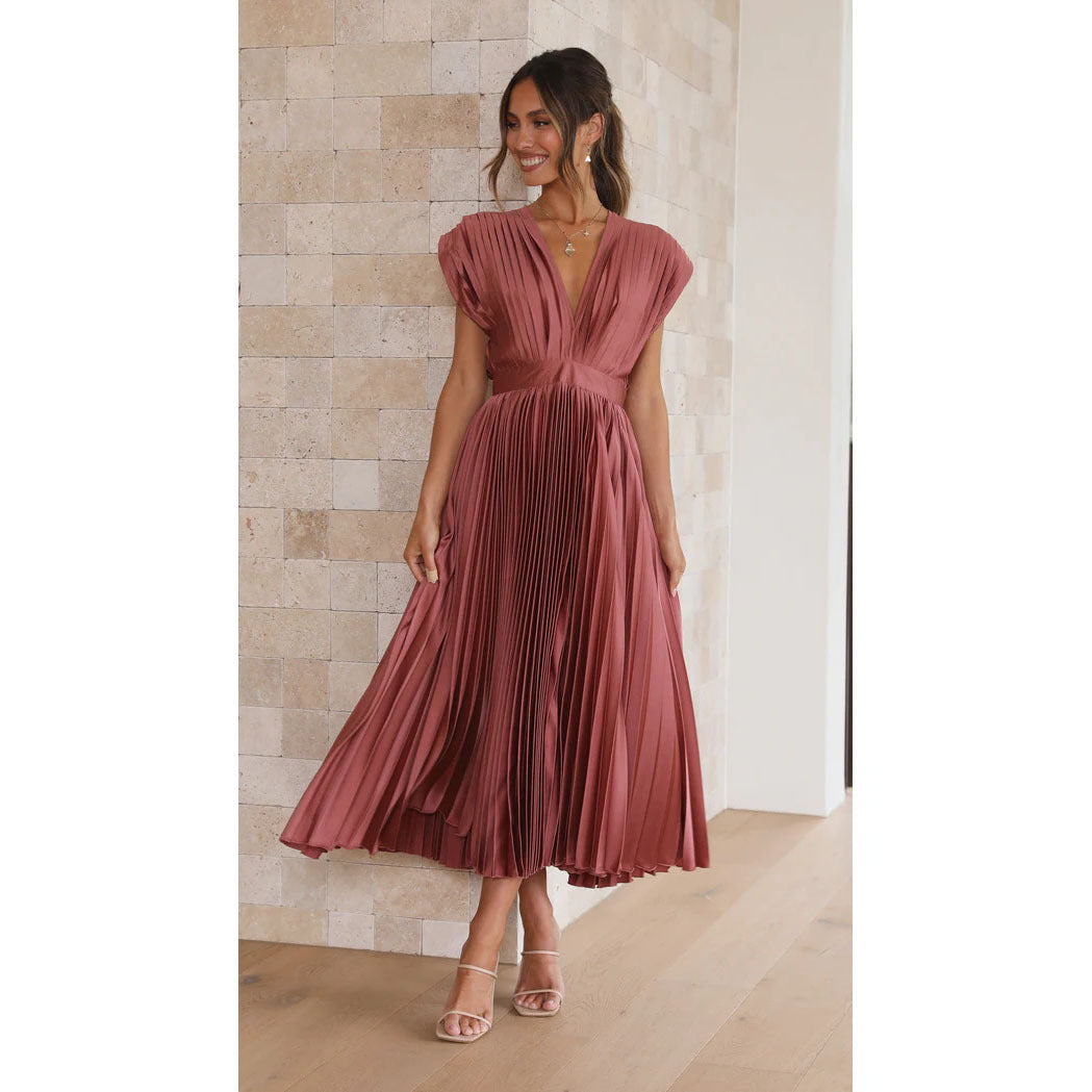 Robe Plissée Élégante Femme – Longue, Fluide & Chic, Col V, Disponible en Plusieurs Couleurs