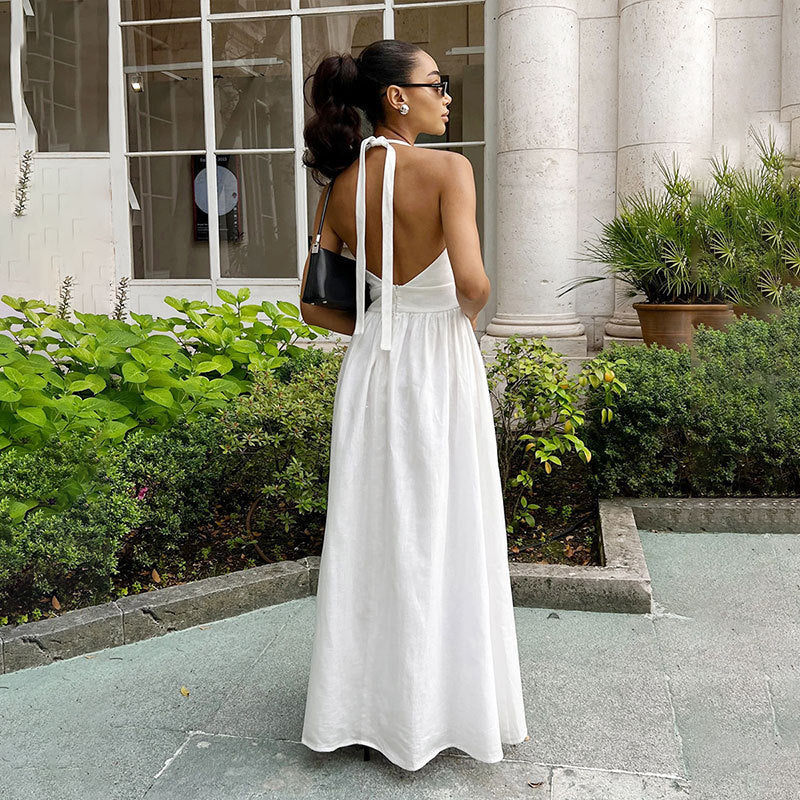 Robe Longue Blanche Élégante Femme – Robe Maxi Col Halter | Tenue Chic Soirée, Mariage & Été