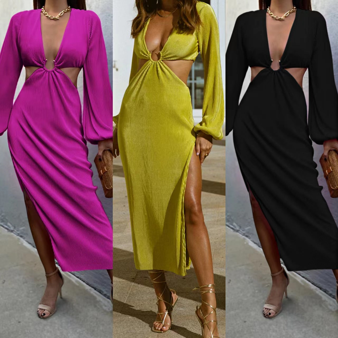 Robe fendue cut-out femme – décolleté plongeant & manches longues, look glamour été 2025