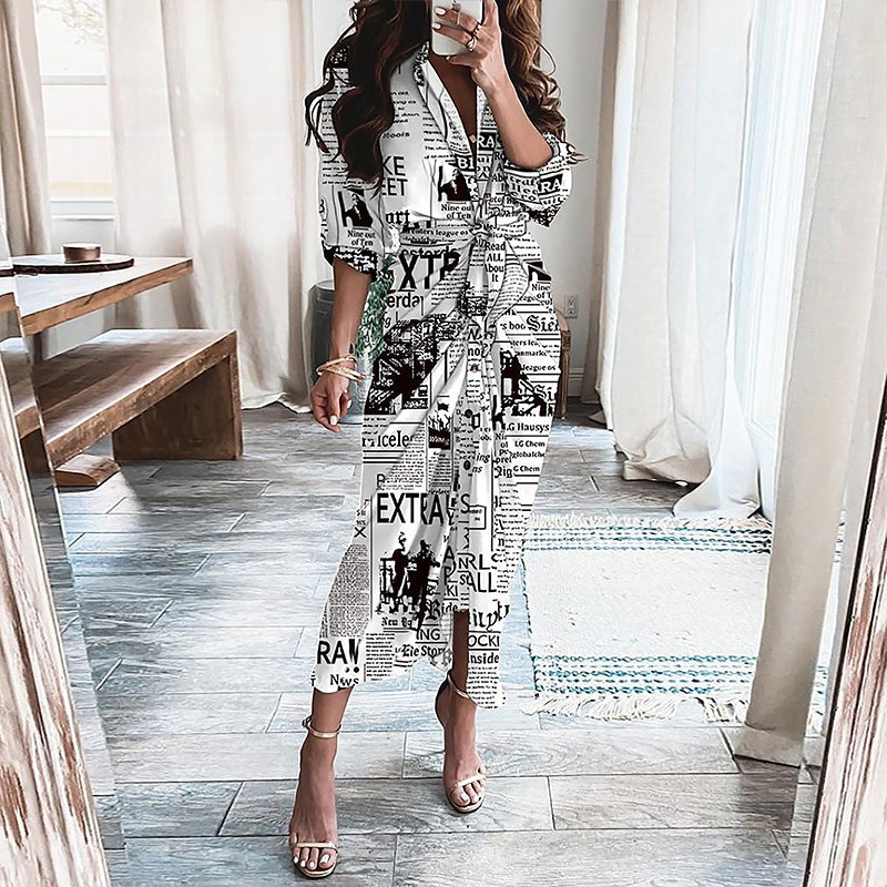 Robe Élégante Midi Boutonnée – Effet Portefeuille & Imprimés Stylés