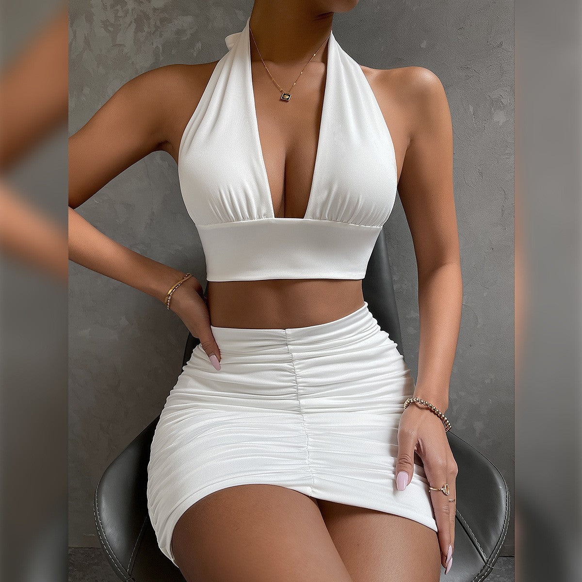 Ensemble Sexy 2 Pièces Femme – Crop Top Dos-Nu + Jupe Plissée