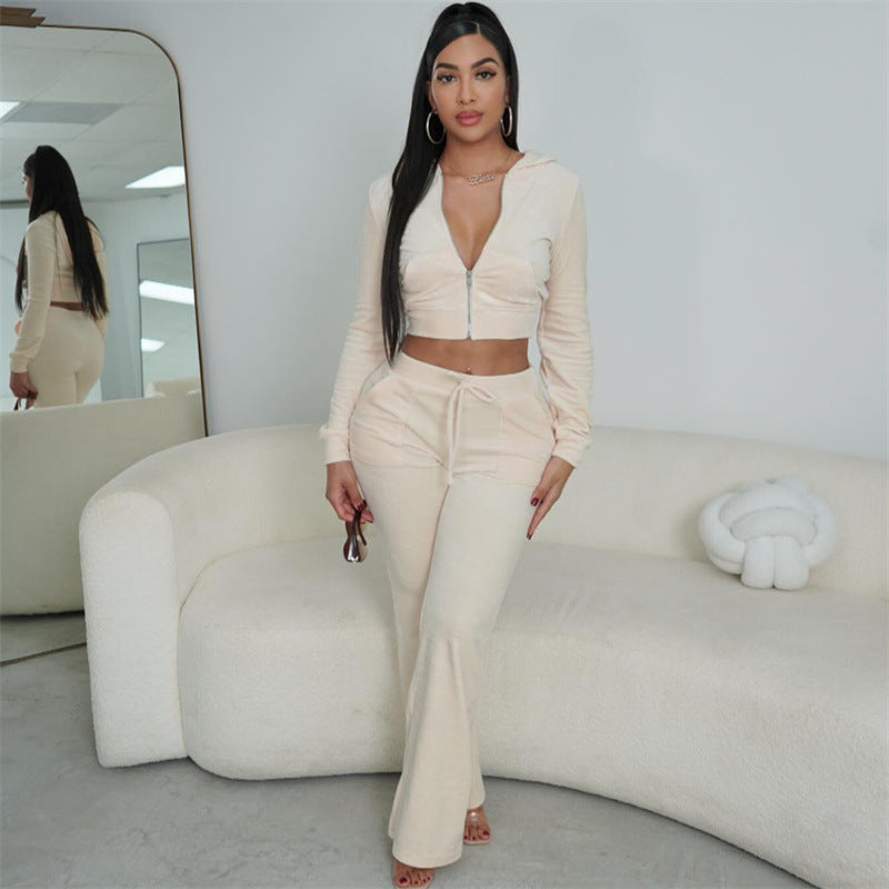 Ensemble velours femme 2 pièces – crop zippé + pantalon flare, look Y2K tendance 2025