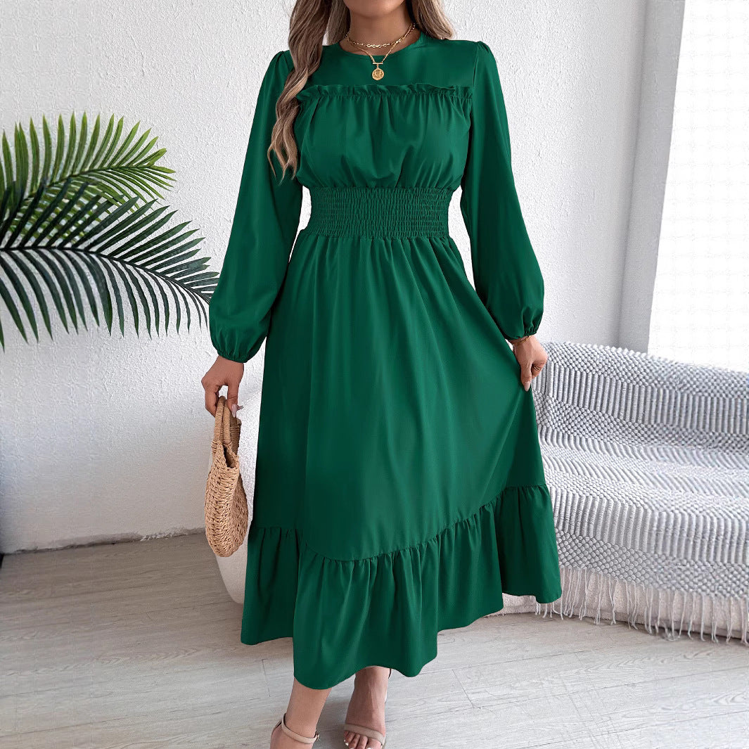 Robe Longue Femme Élégante – Manches Longues & Taille Élastique Smockée
