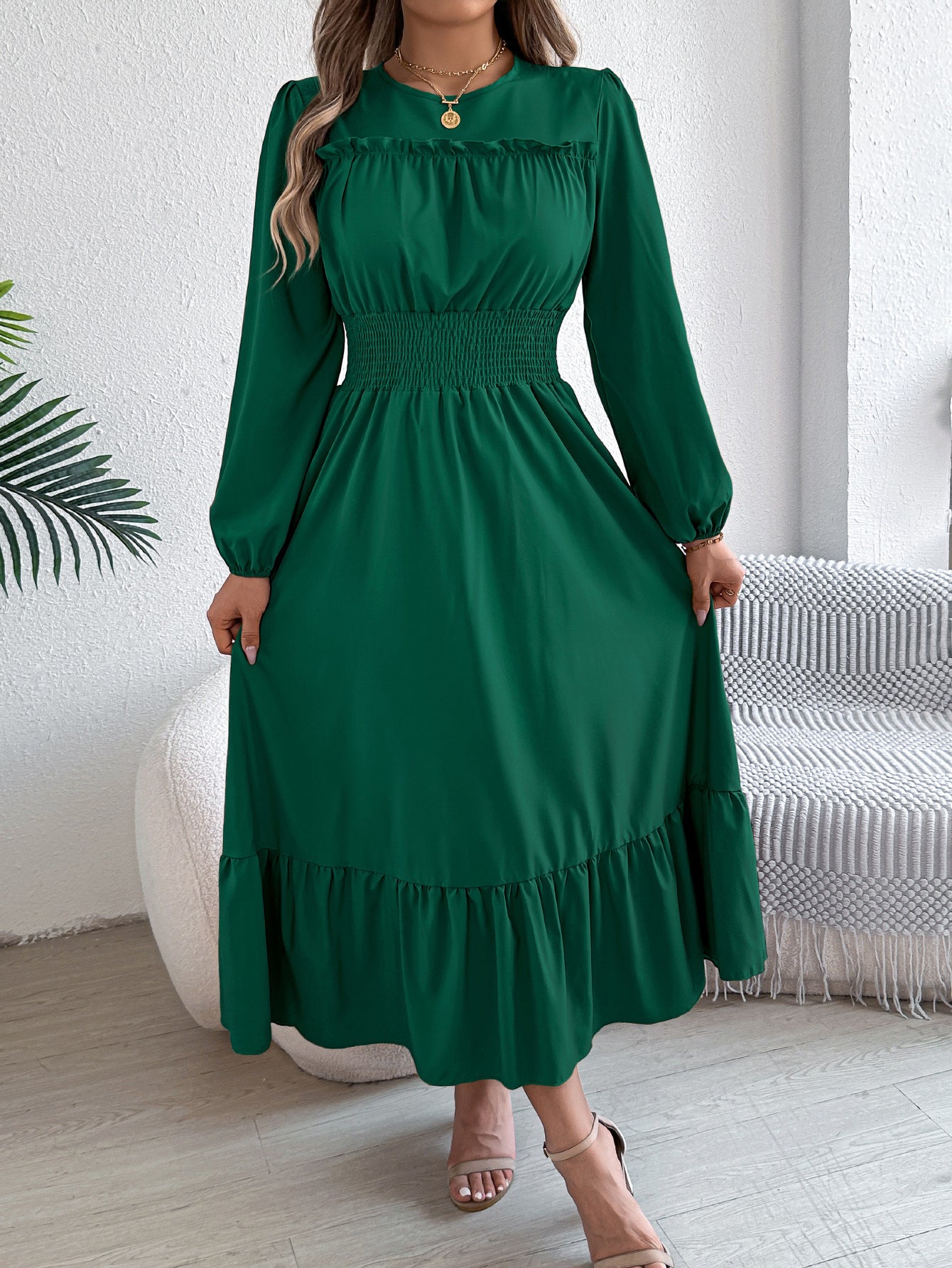 Robe Longue Femme Élégante – Manches Longues & Taille Élastique Smockée