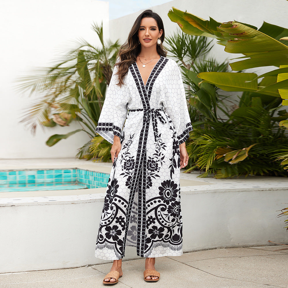 Kimono Long Plage Femme – Look Bohème Chic avec Ceinture | Protection UV Élégante 2025