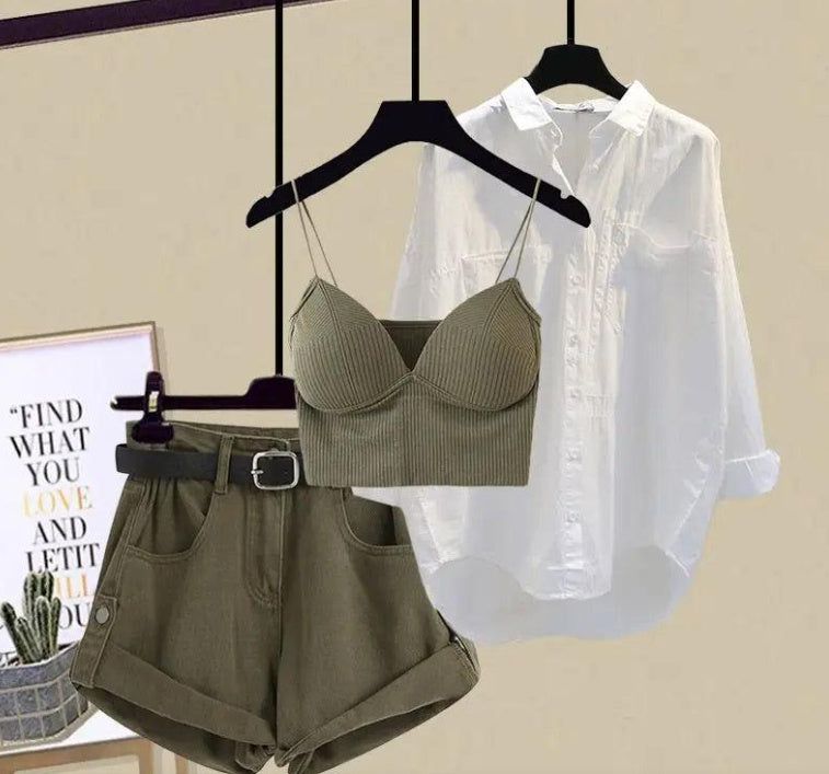 Ensemble 3 pièces femme – Débardeur kaki + short taille haute + chemise blanche oversize