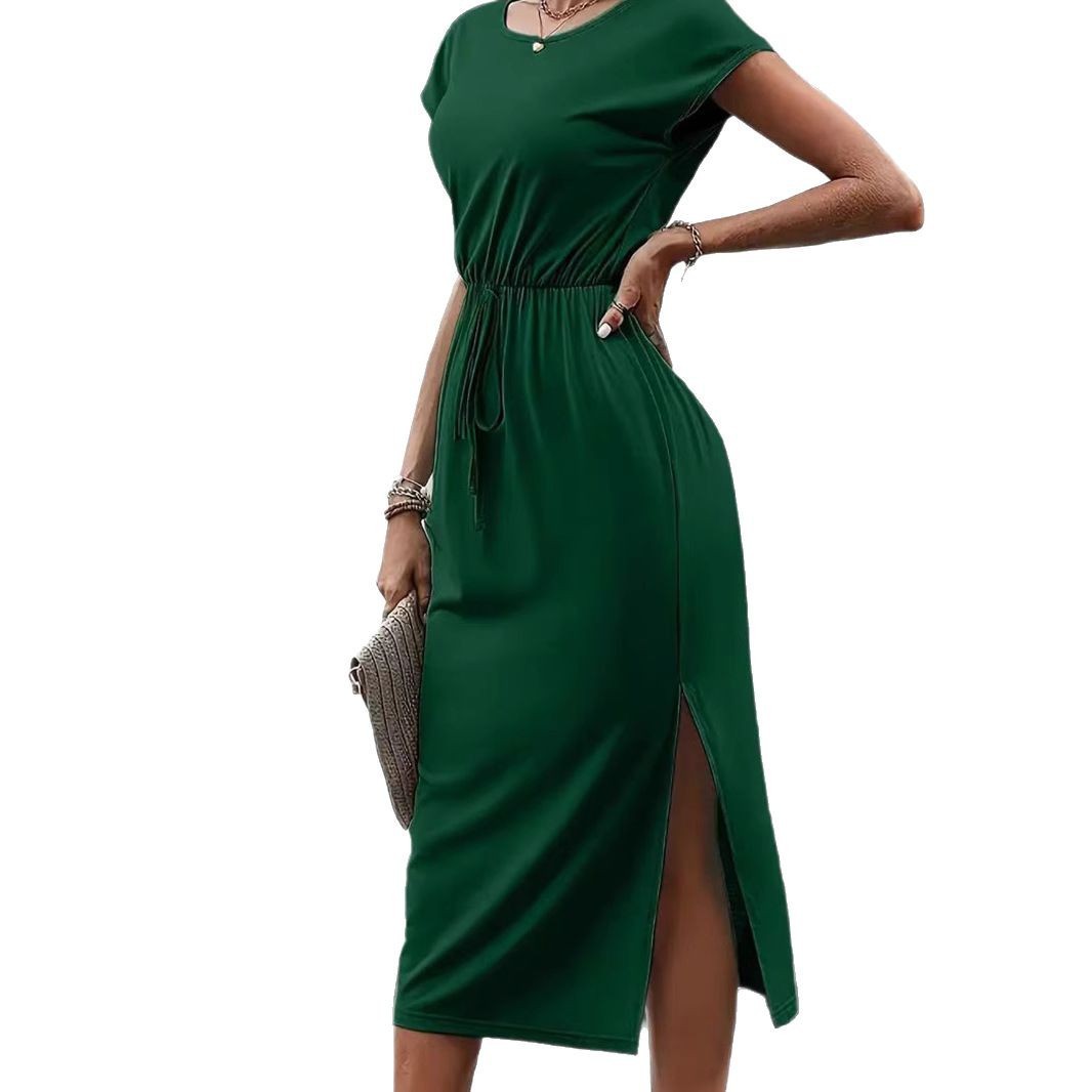 Robe Midi Femme Élégante – Col Rond & Taille Ceinturée | Robe Été Chic Décontractée