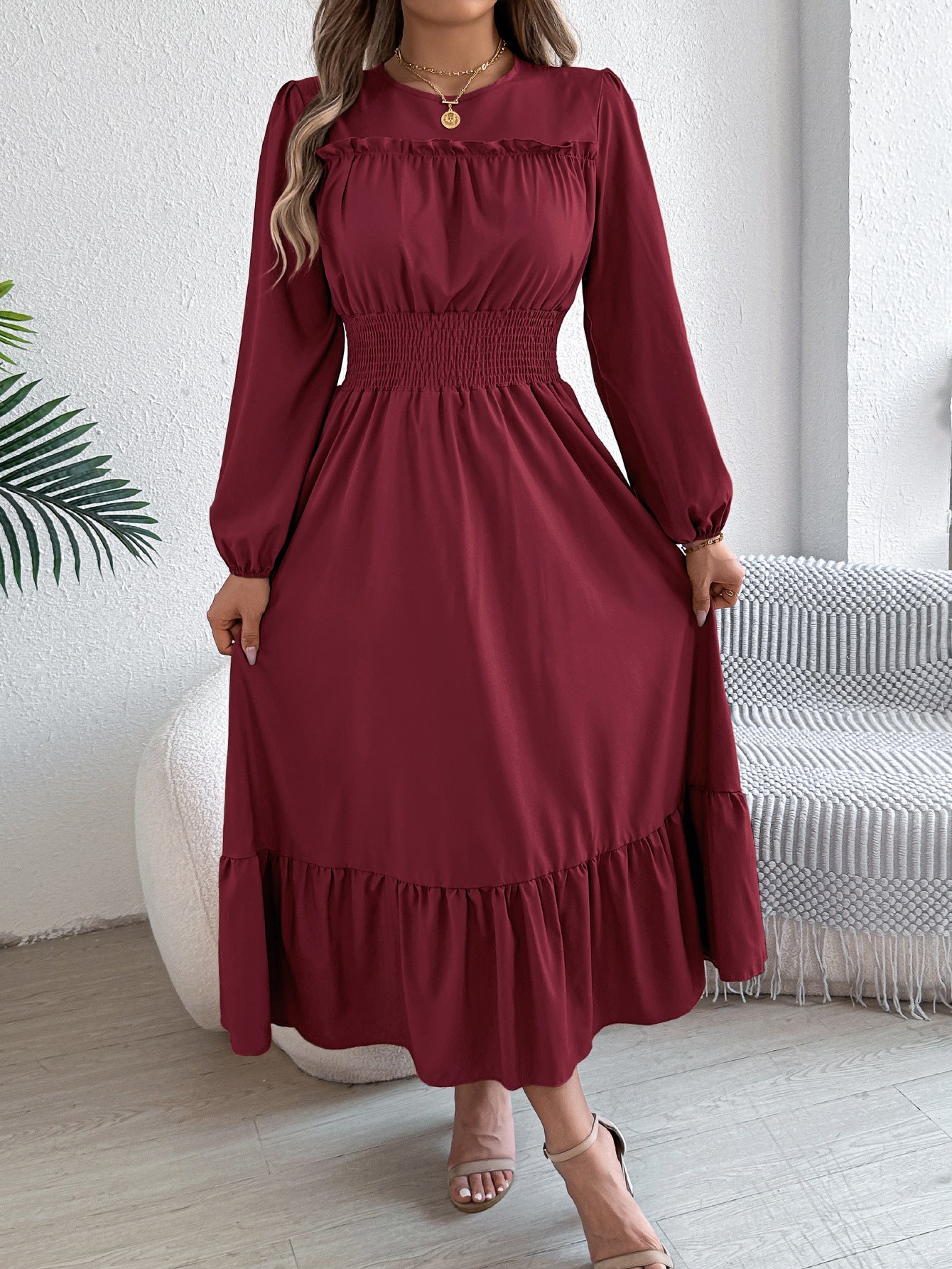 Robe Longue Femme Élégante – Manches Longues & Taille Élastique Smockée
