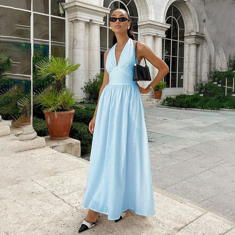 Robe Longue Blanche Élégante Femme – Robe Maxi Col Halter | Tenue Chic Soirée, Mariage & Été