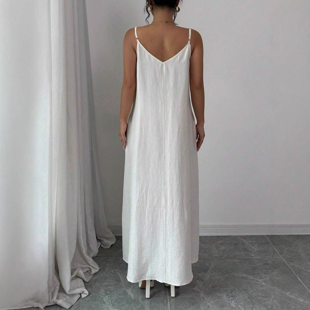 Robe longue blanche à bretelles – Ceinture fine tressée | Élégance d’été & minimalisme chic