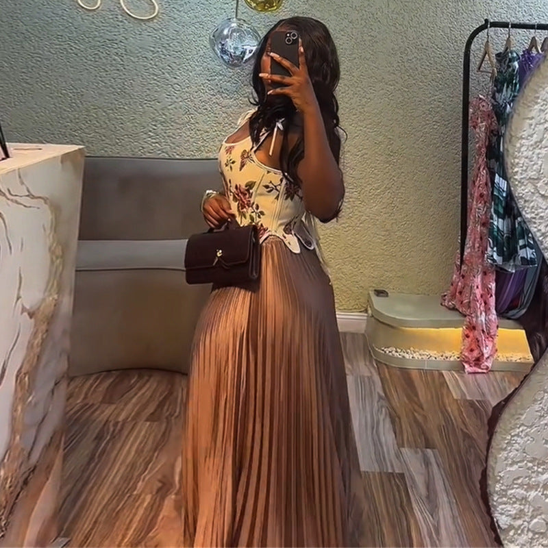 Robe longue plissée femme – Bustier floral corset chic et élégant, soirée & été