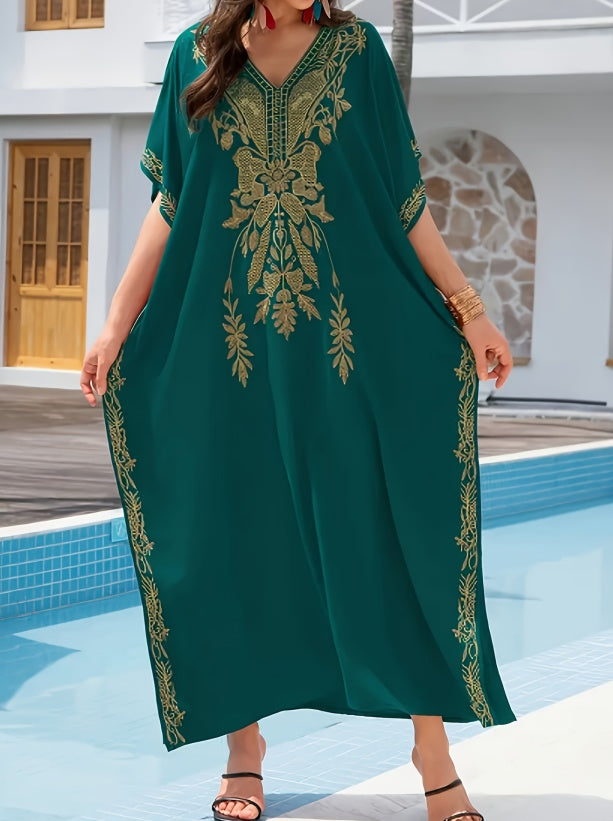 Caftan Décontracté Élégance Orientale – Vert Émeraude & Or