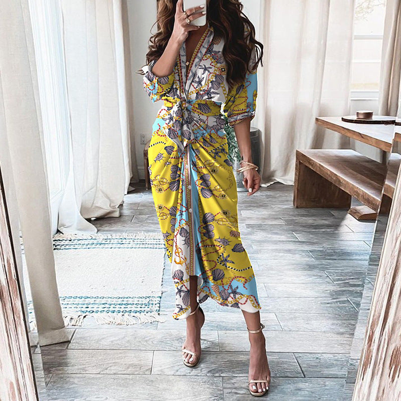 Robe Élégante Midi Boutonnée – Effet Portefeuille & Imprimés Stylés