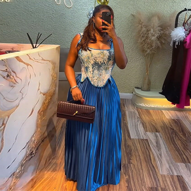 Robe longue plissée femme – Bustier floral corset chic et élégant, soirée & été
