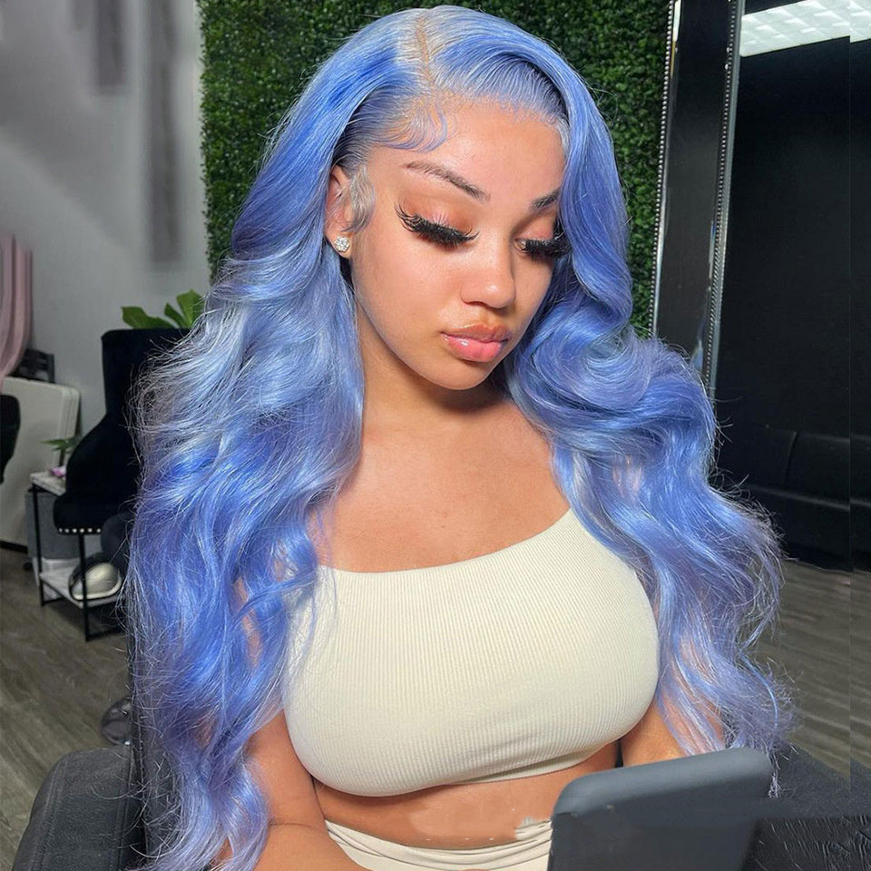 Perruque Lace Front – Cheveux Longs Lisses Bleu Pastel