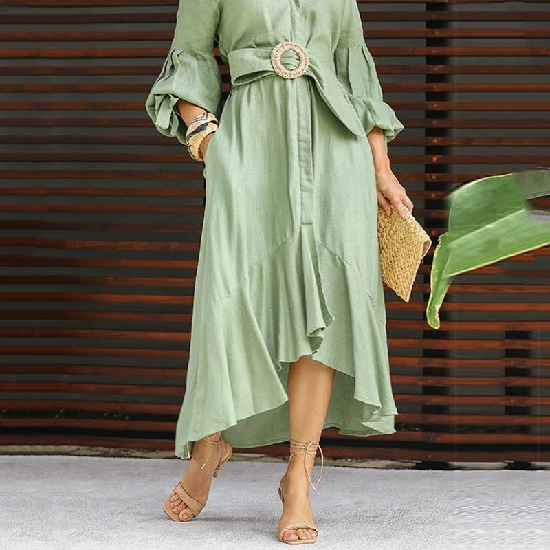 Robe élégante ceinturée – Manches bouffantes & col V | Style chic et fluide