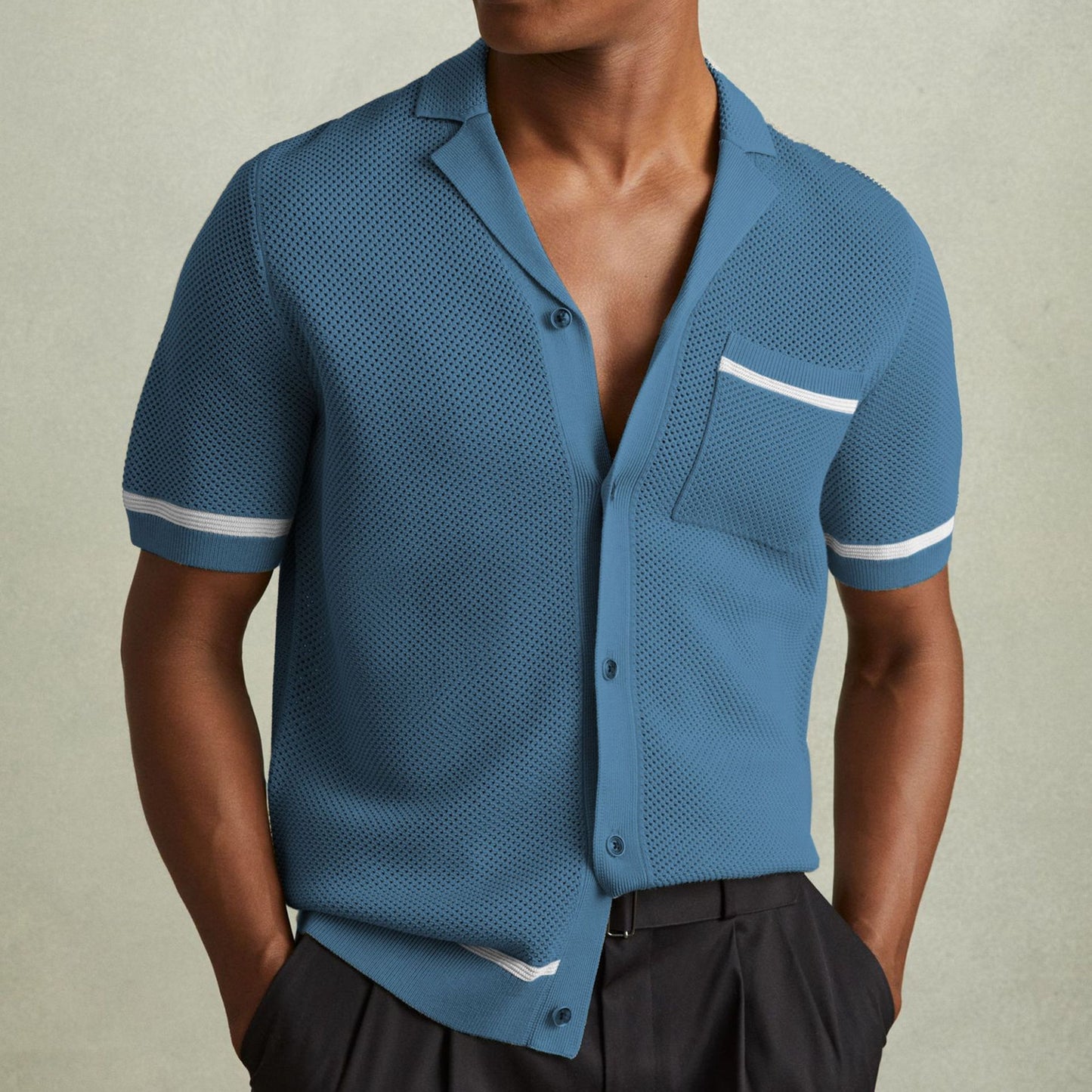 Chemise Tricotée Homme – Style Casual & Chic – Respirante Été – Manches Courtes avec Détails Contrastés