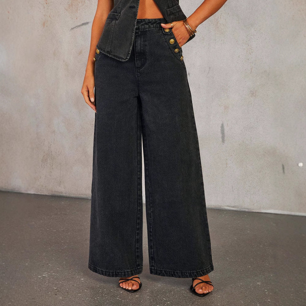 Ensemble Denim Chic – Gilet Sans Manches & Pantalon Large