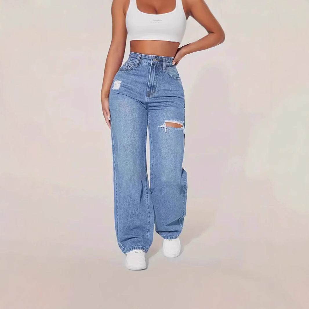 Jean Baggy Femme Taille Haute | Look Streetwear Chic & Détail Destroy