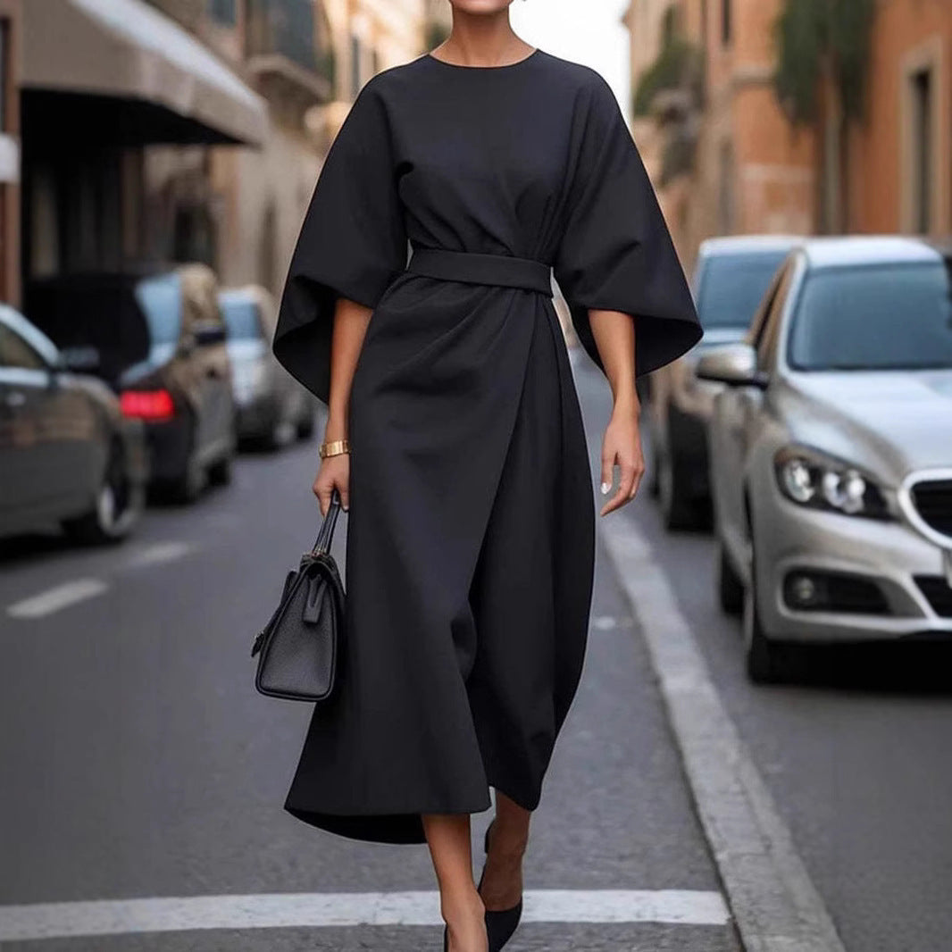 Robe Midi Élégante à Manches Chauve-Souris – Style Chic Urbain
