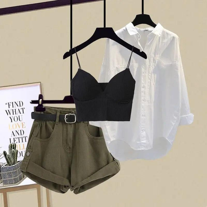 Ensemble 3 pièces femme – Débardeur kaki + short taille haute + chemise blanche oversize