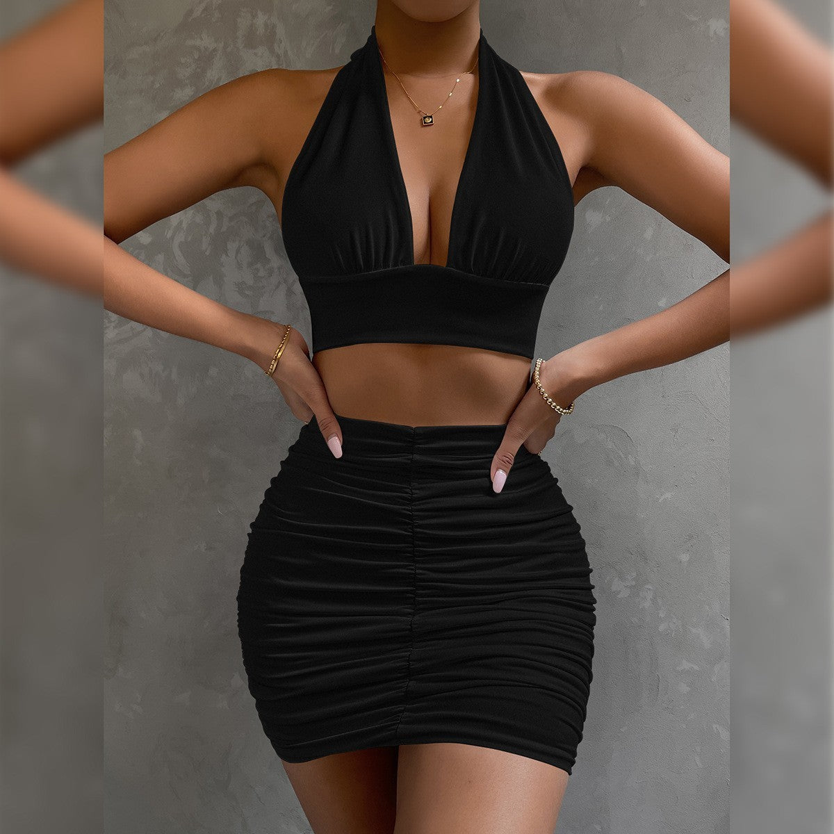 Ensemble Sexy 2 Pièces Femme – Crop Top Dos-Nu + Jupe Plissée