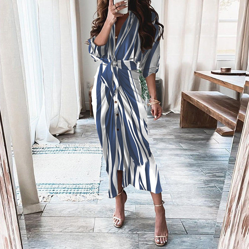 Robe Élégante Midi Boutonnée – Effet Portefeuille & Imprimés Stylés