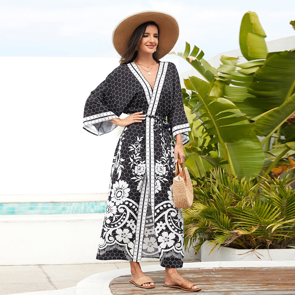 Kimono Long Plage Femme – Look Bohème Chic avec Ceinture | Protection UV Élégante 2025