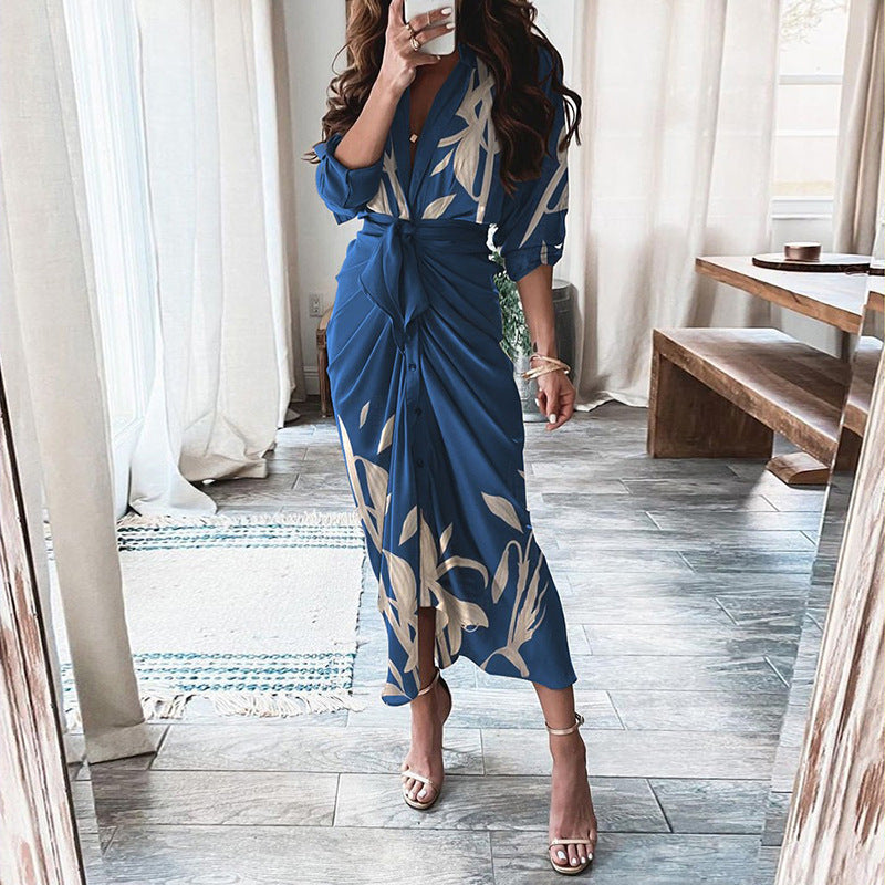 Robe Élégante Midi Boutonnée – Effet Portefeuille & Imprimés Stylés
