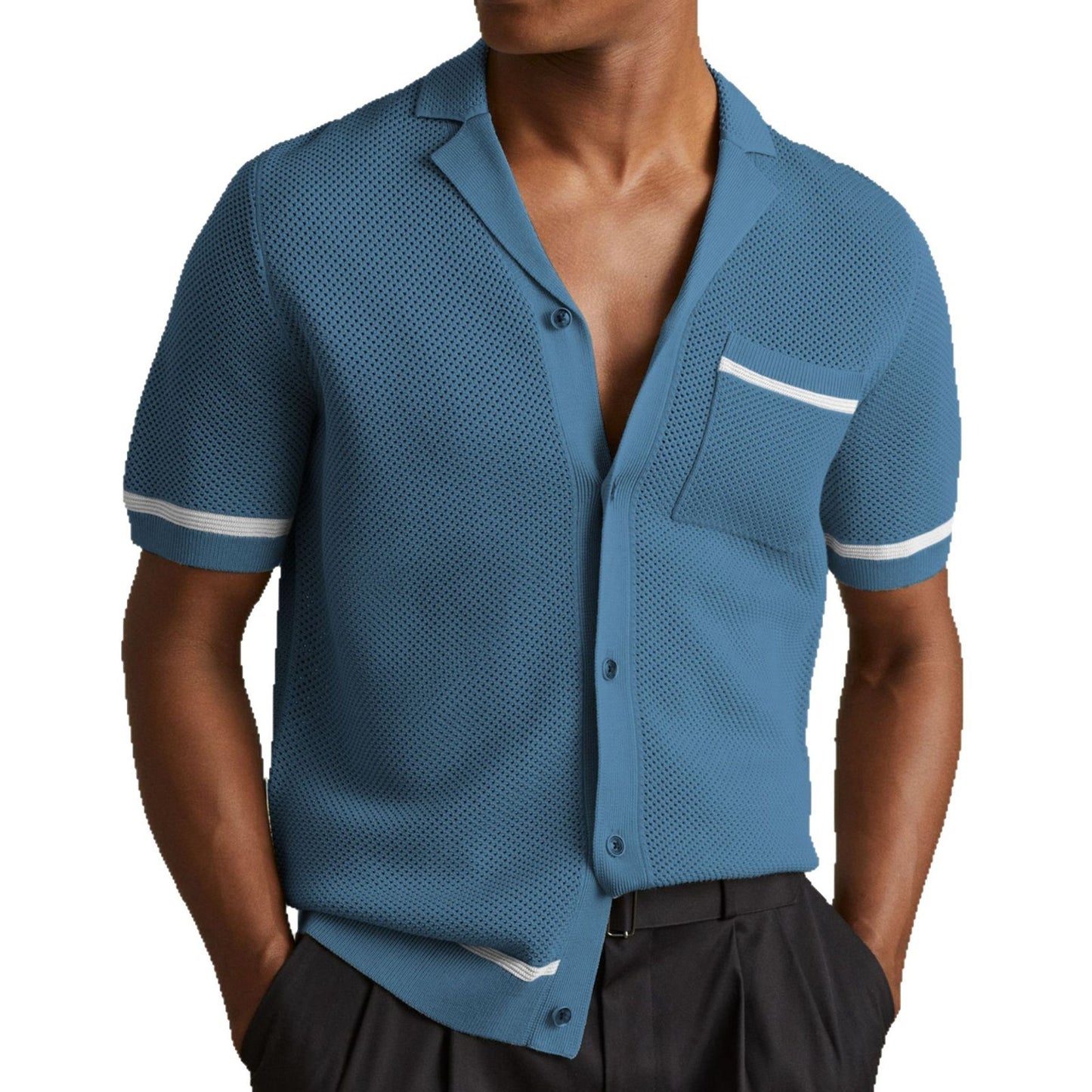 Chemise Tricotée Homme – Style Casual & Chic – Respirante Été – Manches Courtes avec Détails Contrastés