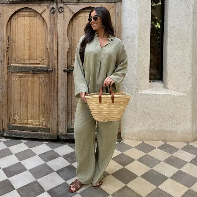 Ensemble décontracté 2 pièces – Chemise fluide + pantalon large, style chic & estival