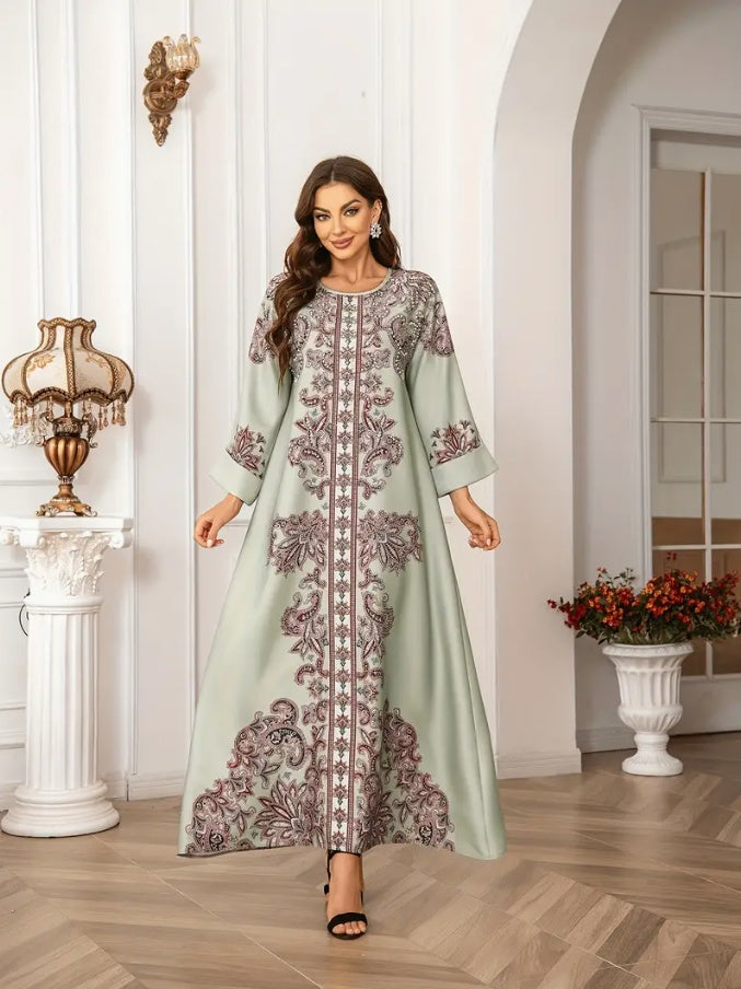 Robe Longue Orientale Femme – Style Arabe Élégant avec Motifs Imprimés – Tenue Chic et Traditionnelle