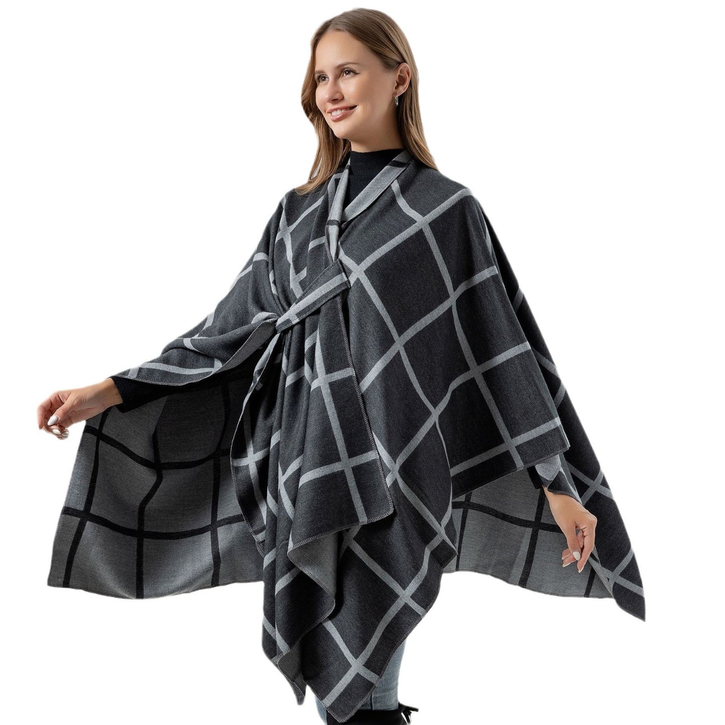 Écharpe Femme à Carreaux Oversize – Poncho Chaud Élégant Automne Hiver