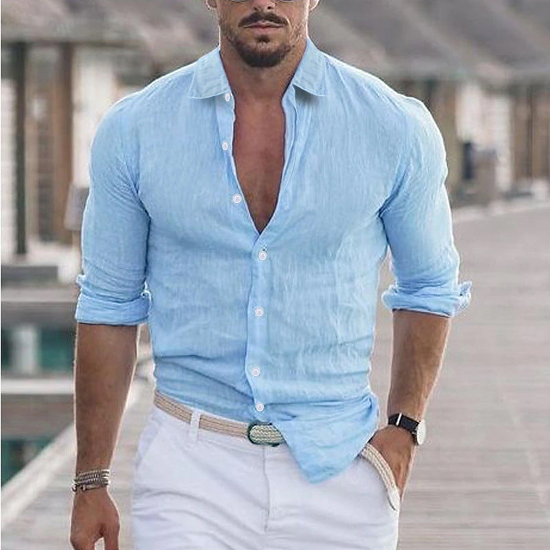 Chemise légère été homme coton/lin – Look chic décontracté | Manches longues
