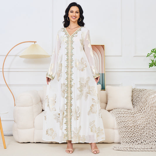 Caftan Blanc Brodé Doré – Élégance Orientale Luxe
