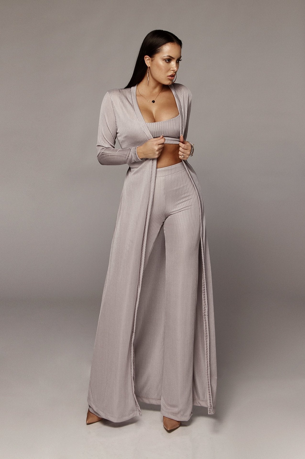 Ensemble 3 pièces chic femme – Longue veste + top + pantalon taille haute fluide