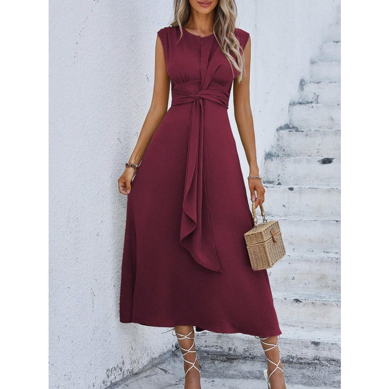 Robe Longue Élégante Femme – Sans manches, col tailleur chic avec ceinture à la taille