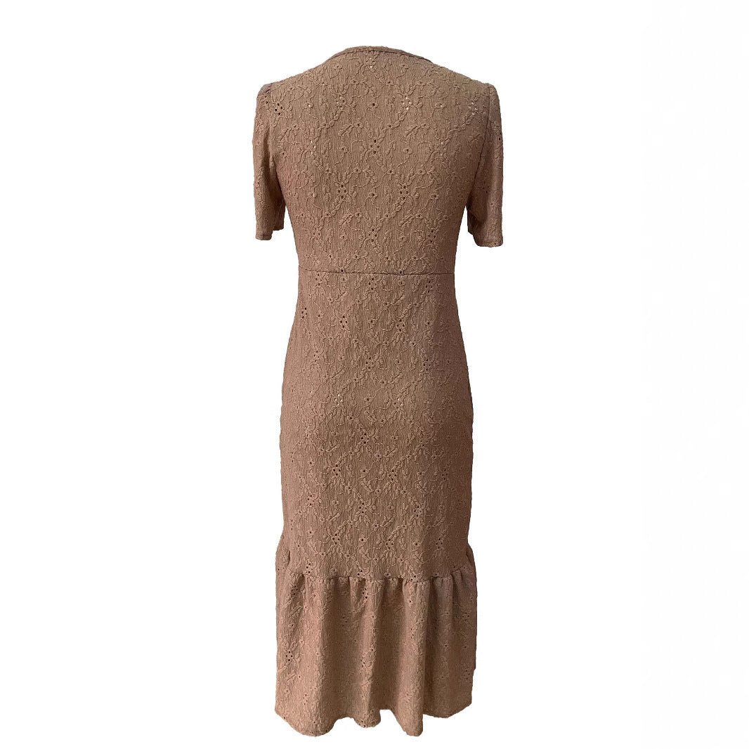 Robe Femme Boutonnée en Dentelle – Élégante, Mi-Longue, Col V