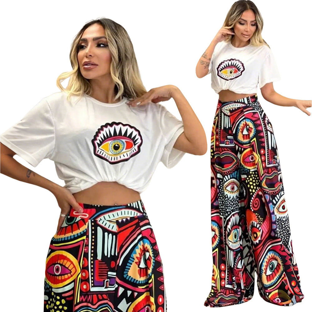 Ensemble Femme Graphique – T-shirt Blanc & Pantalon Large Imprimé Art Abstrait