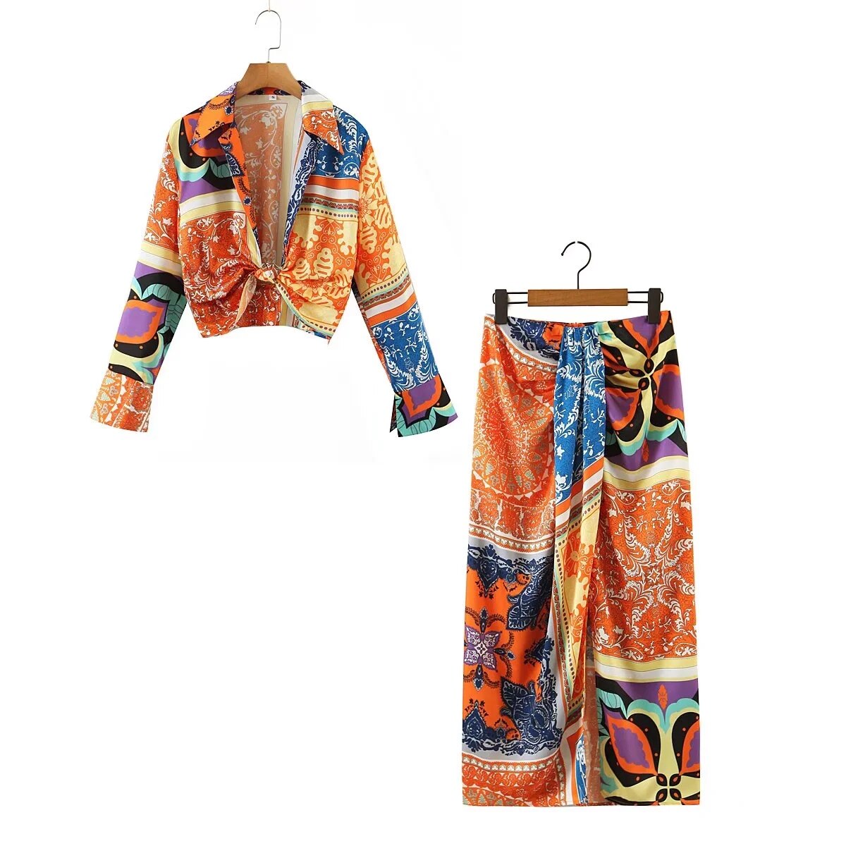 Ensemble Femme 2 Pièces Imprimé Éthnique – Top Noué + Jupe Longue Fluide Bohème Luxe