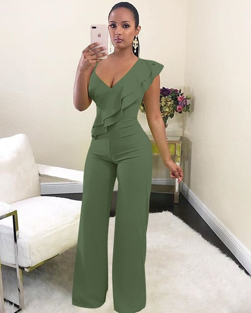 Combinaison Femme Asymétrique à Volants – Décolleté V Glamour, Coupe Large Évasée – Noir, Rouge, Vert