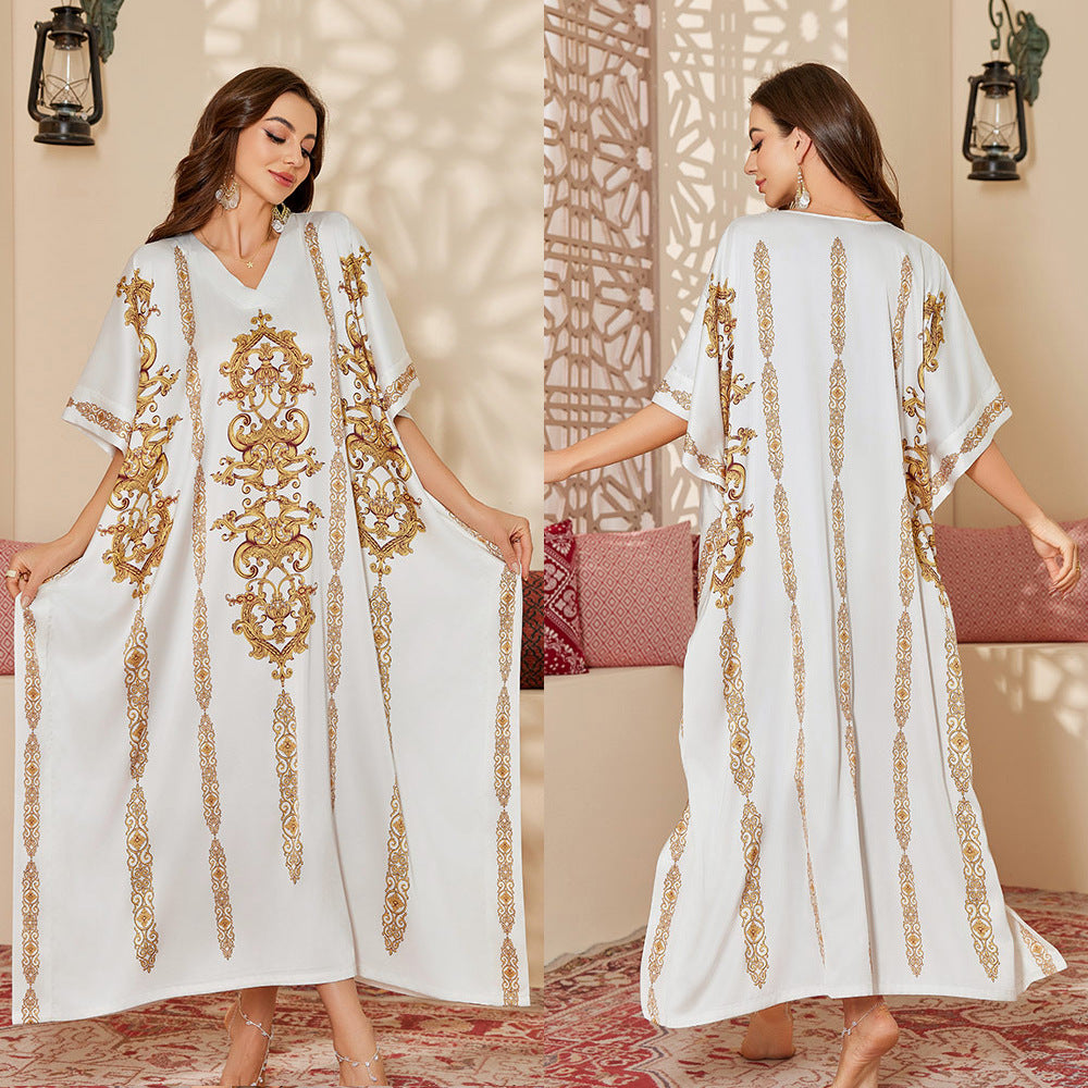 Robe Caftan Blanche Luxe – Broderies Dorées Orientales | Taille Unique Élégante