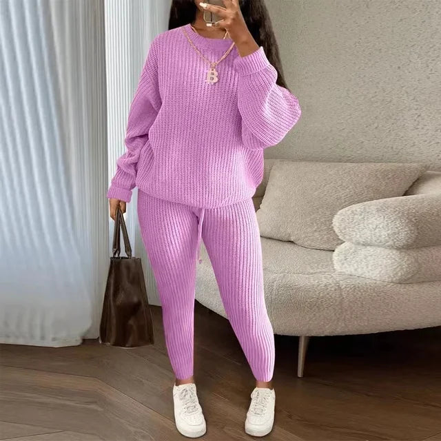 Winter Two Piece Sets Women Clothing Autumn Fashion Casual Solid Round Neck Pullover Loose Pit Knitted Sweater Pants Suits