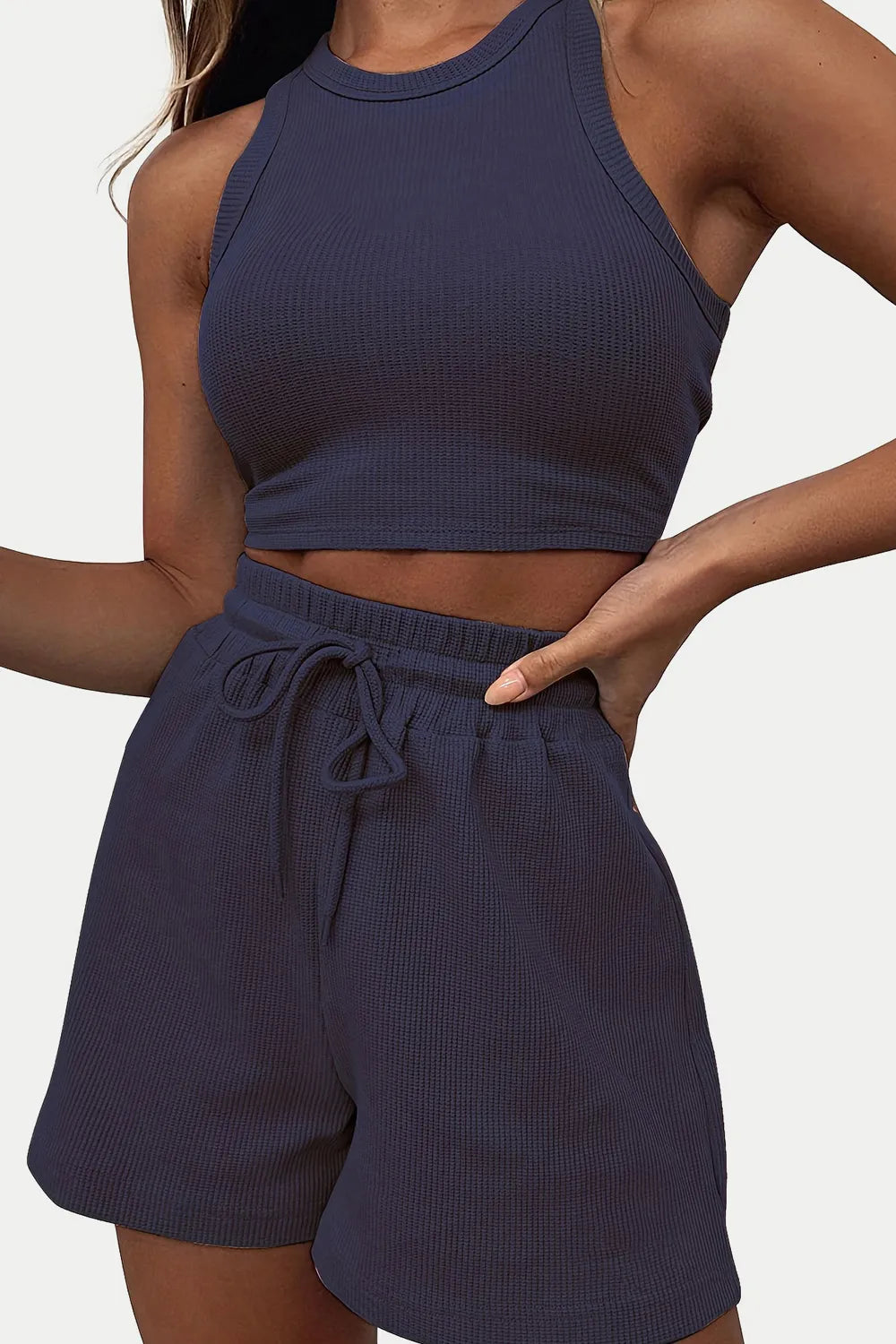 Ensemble 2 pièces côtelé vert – Crop top sport & short taille haute confort