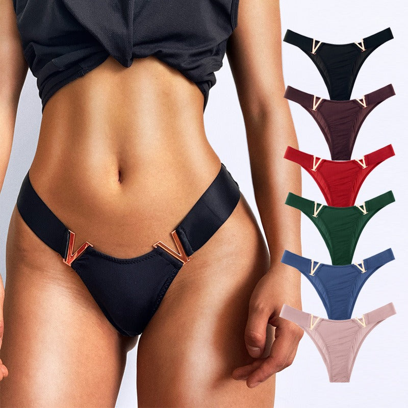 Lot de 3 strings femme – Coupe taille basse, empiècements dorés "V", couleurs variées