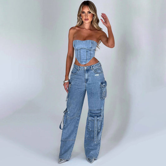 Ensemble Bustier & Jean Cargo – Total Look Denim Audacieux