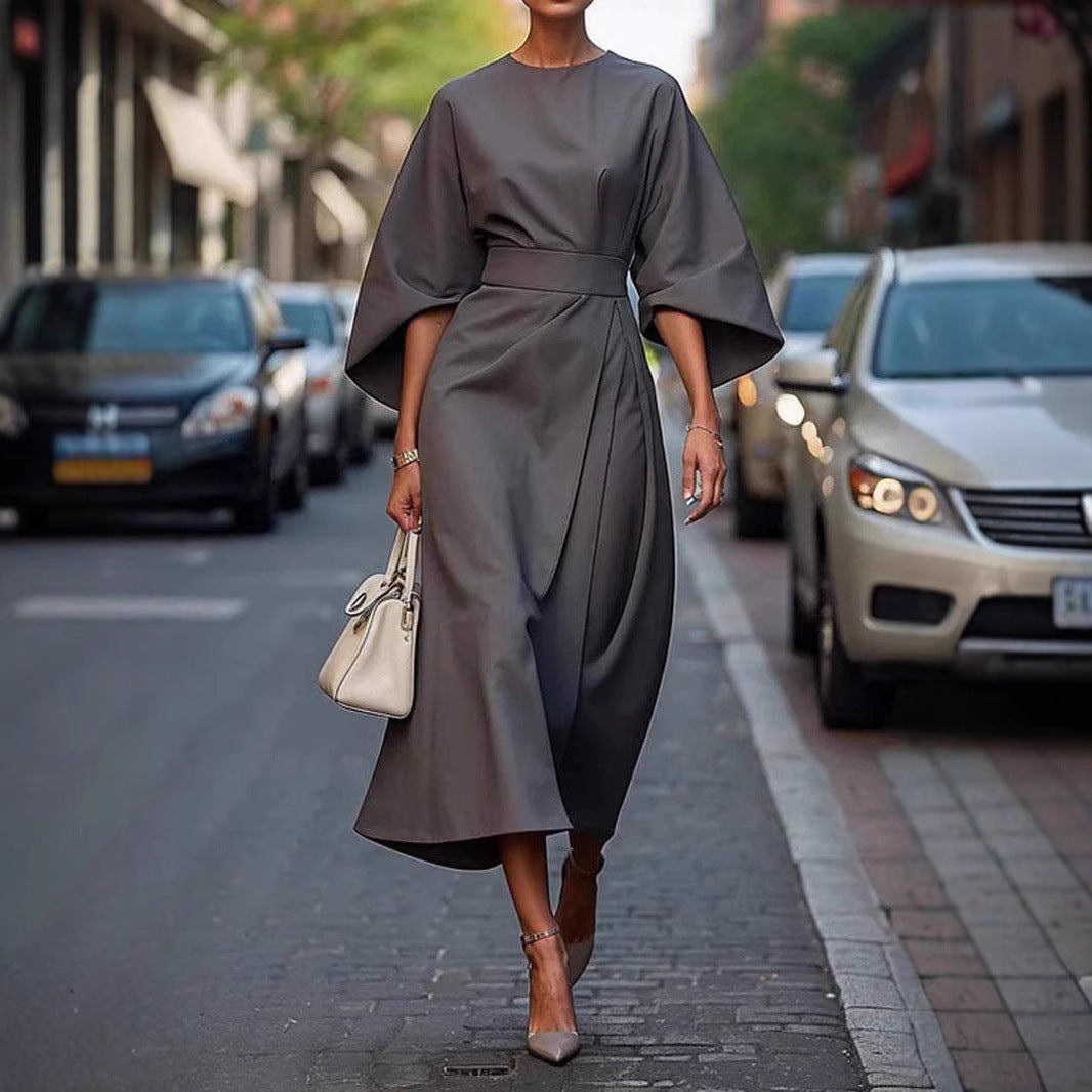 Robe Midi Élégante à Manches Chauve-Souris – Style Chic Urbain