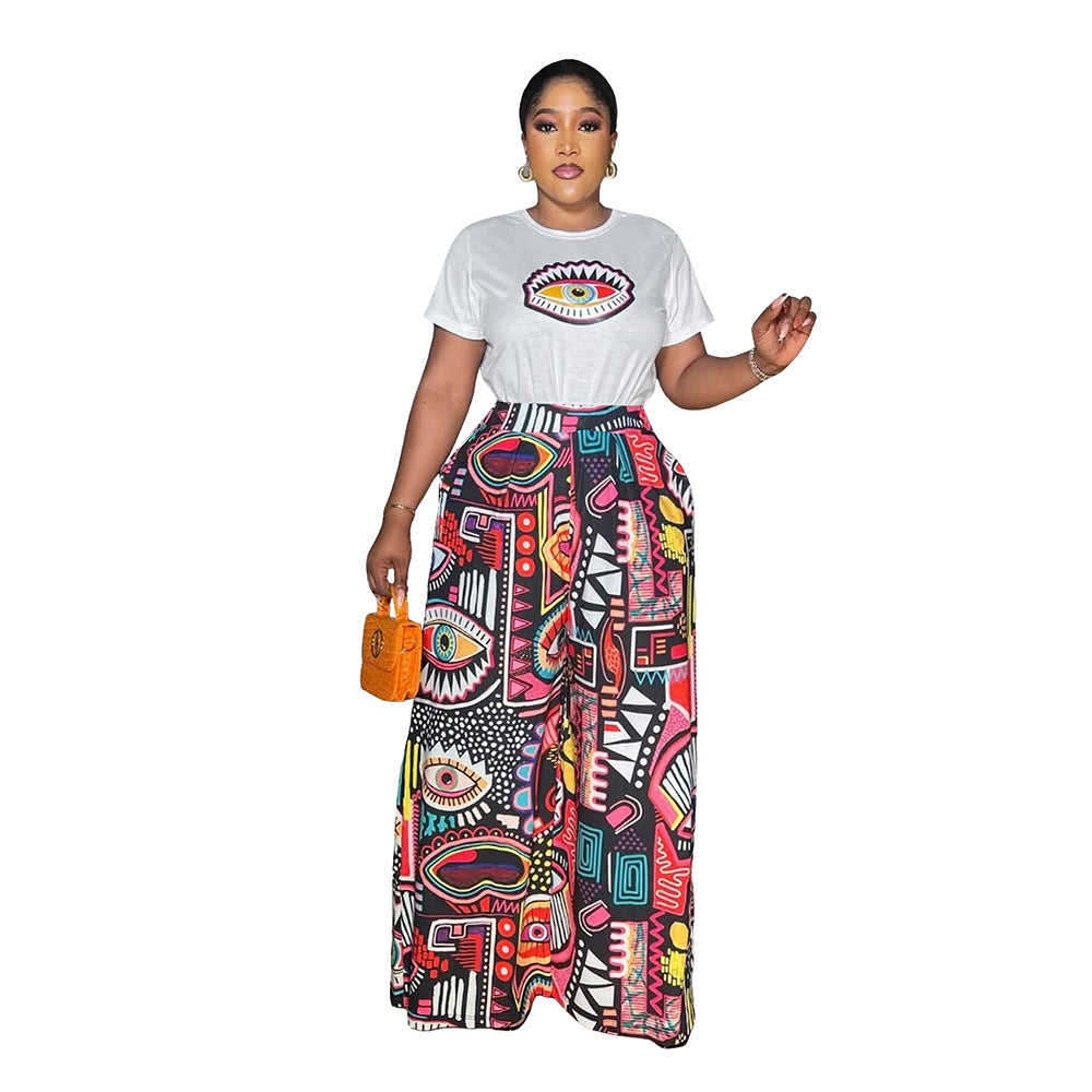 Ensemble Femme Graphique – T-shirt Blanc & Pantalon Large Imprimé Art Abstrait