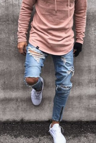Jean Slim Déchiré Homme – Style Urbain avec Fermeture Éclair